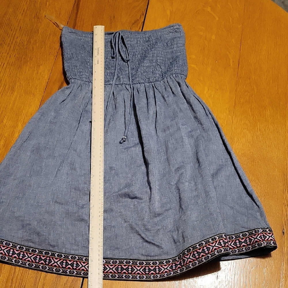 Ezra Blue Strapless Dress with Patterned Hem